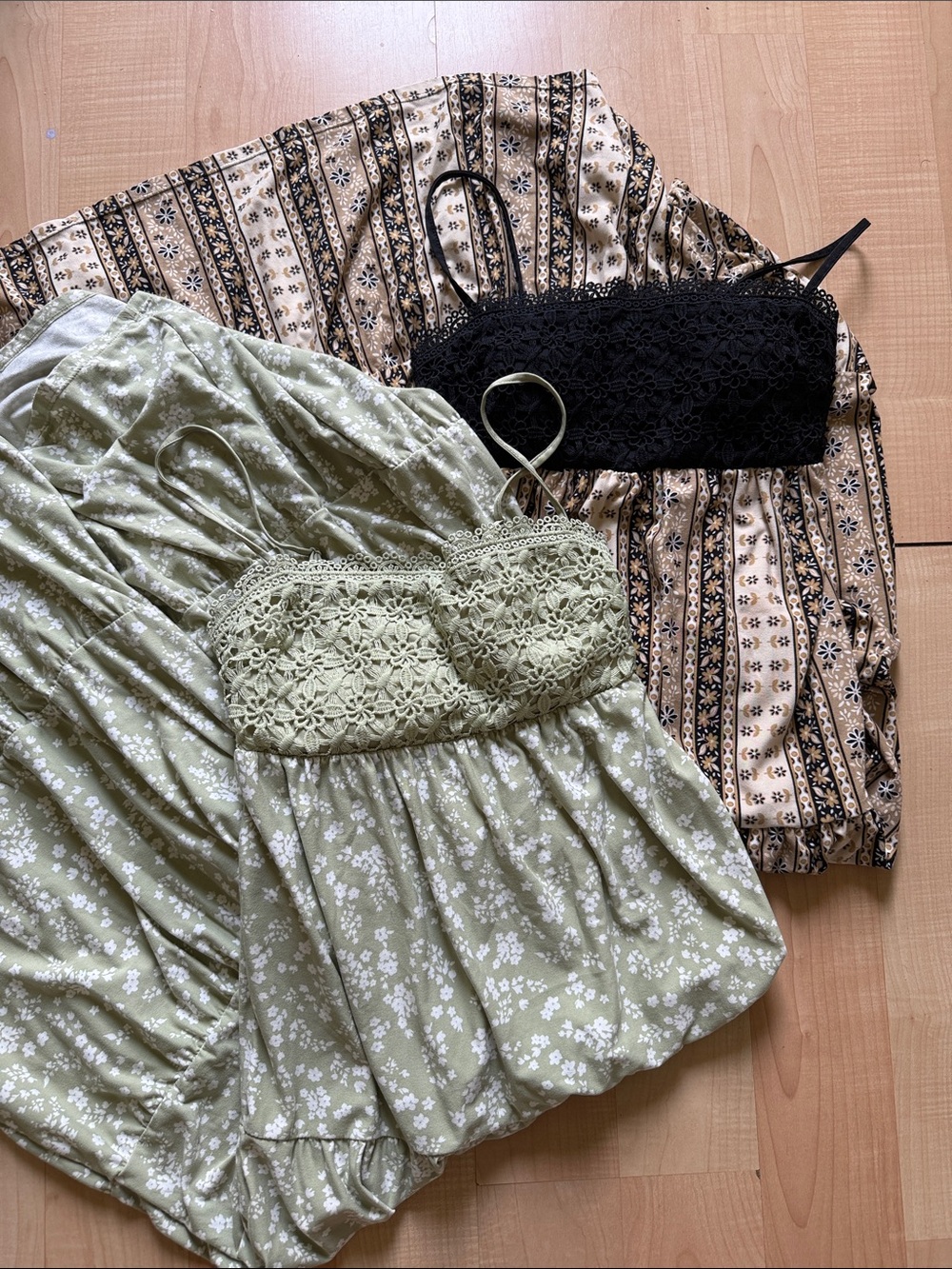 Lace Trim Cropped Cami Maxi Dresses — Sage Floral & Black